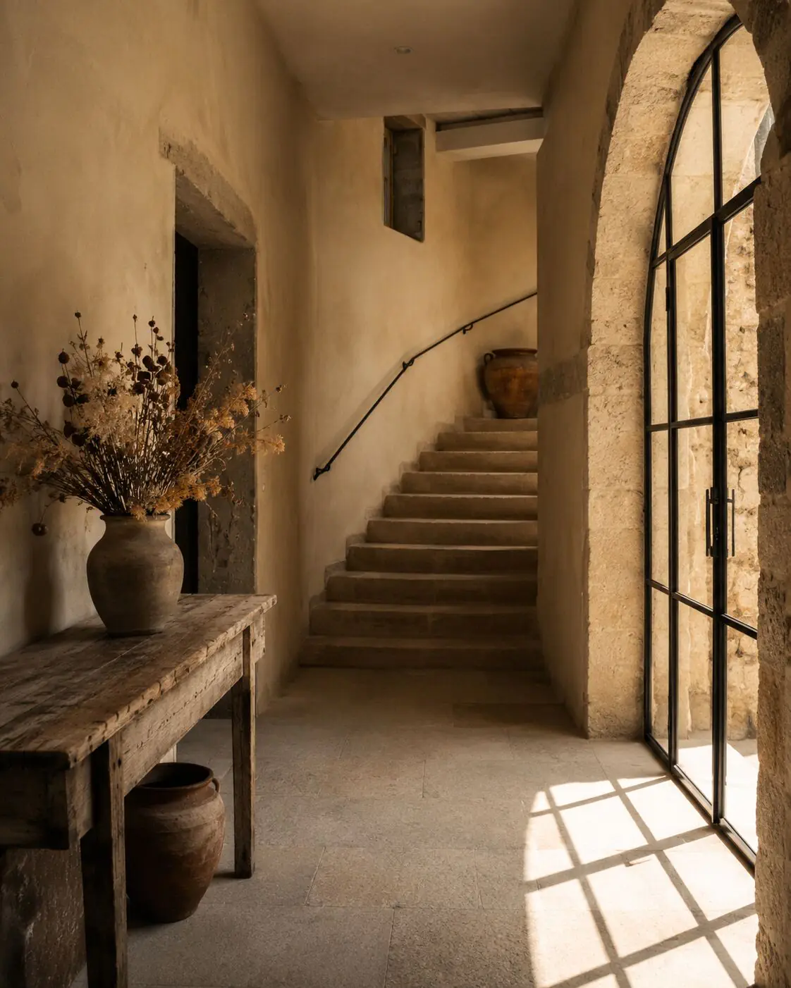 Hall d'entrée en pierre d'une maison d'hôtes, escalier et porte vitrée en fer