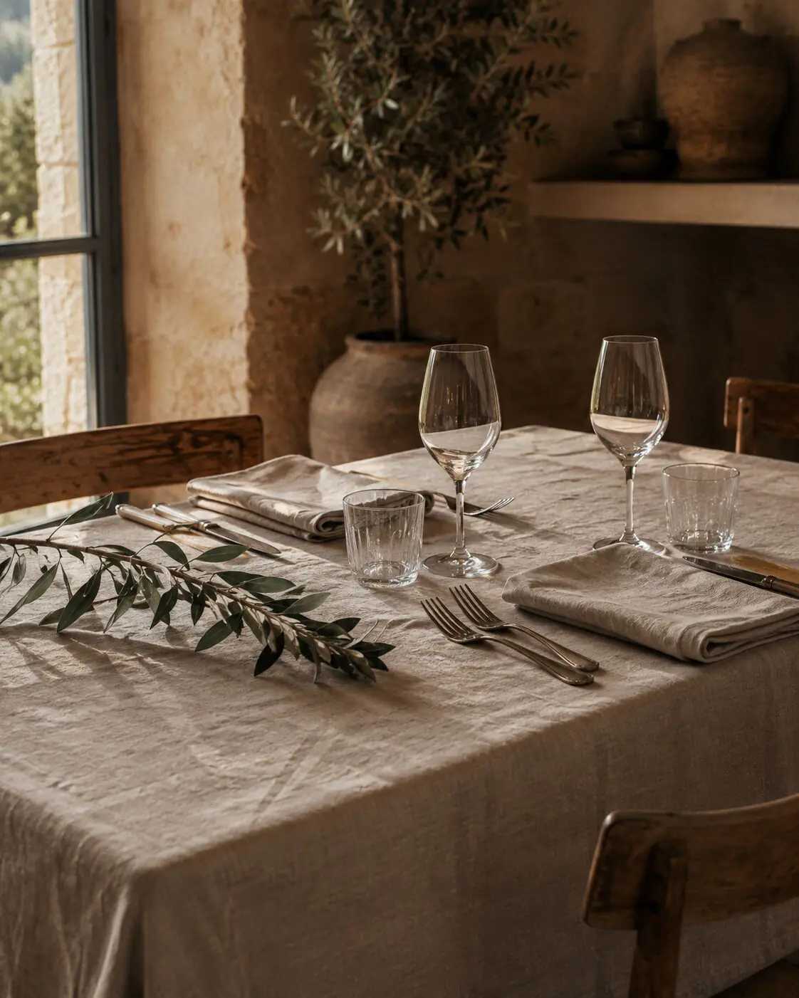 Table dressée en lin, verres et branche d'olivier, lumière rasante